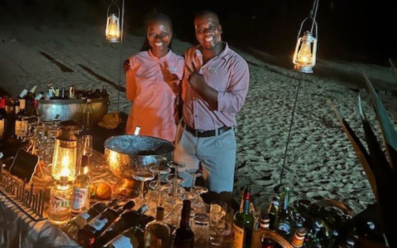 A dining experience in the dry river bed at the luxury safari lodge and resort, Saseka Tented Camp.