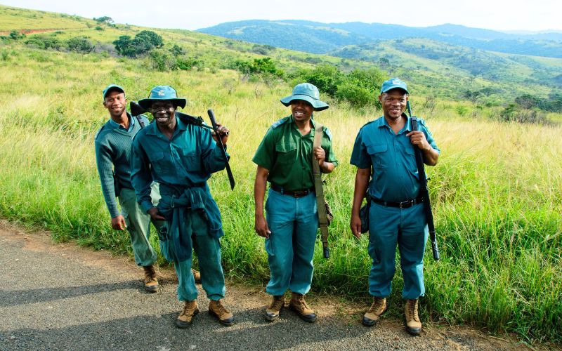 Rangers on anti poching patrols as part of wildlife conservation in game reserves.Ethical safaris contribute to the employment and funding of these rangers.