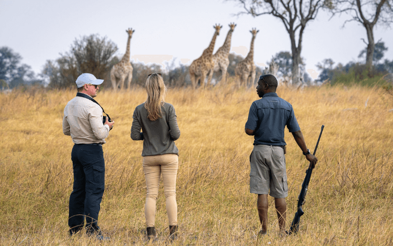 All guests with the armed guide on a walking safari through the South African wilderness.